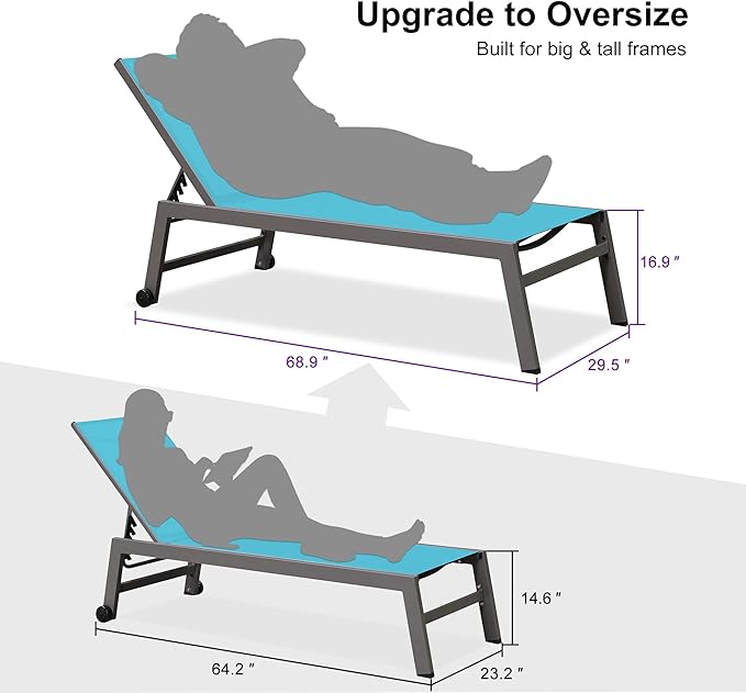 PURPLE LEAF 6-Piece Outdoor Chaise Lounge Oversized Pool Lounge Chairs with Easy-to-Move Wheels and Adjustable Backrest - Photo 3