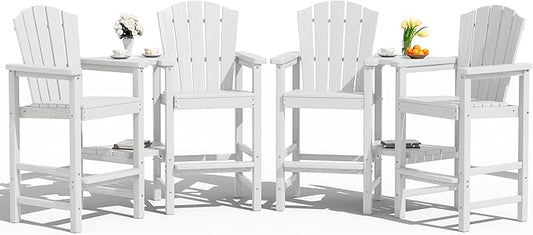 KINGYES Tall Adirondack Chair Set of 4, All Weather HDPE Bar Height Adirondack Chair with Double Connecting Trays, Balcony Height Chair, Tall Poly Adirondack Chair, High Airondack Chair, White