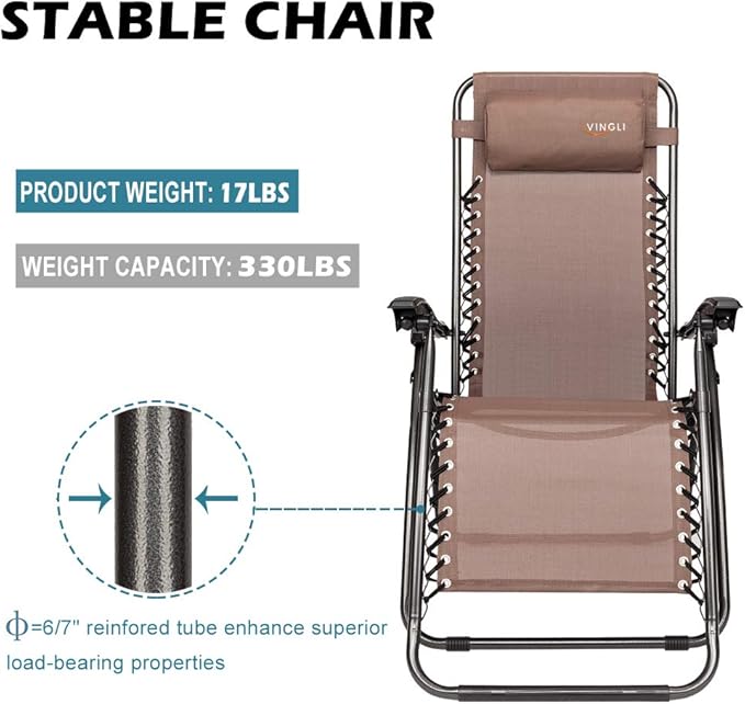 VINGLI Upgraded Zero Gravity Chair Set of 2 Lounge Outdoor Chairs with Trays and Pillows - Photo 4