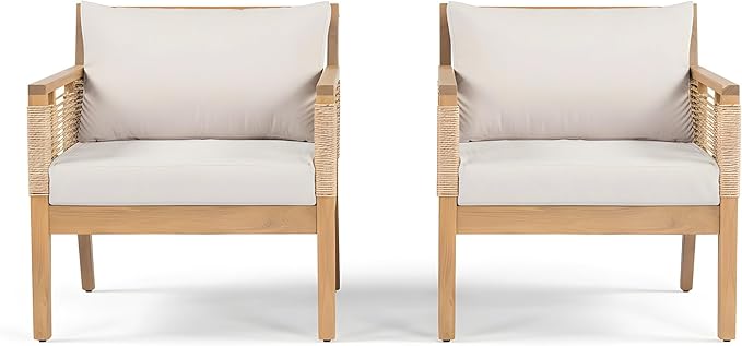 Merax Acacia Wood Patio Club Chairs Set of 2 for Outdoor, Hand-Woven Twist Rope Adirondack Style for Backyard Poolside, Outdoor Chairs with Beige Cushions, 400lbs Capacity, Teak
