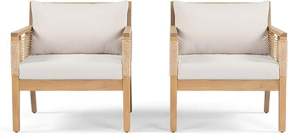 Merax Acacia Wood Patio Club Chairs Set of 2 for Outdoor, Hand-Woven Twist Rope Adirondack Style for Backyard Poolside, Outdoor Chairs with Beige Cushions, 400lbs Capacity, Teak