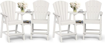 Ciokea Tall Adirondack Chairs Set of 4, HDPE Outdoor Adirondack Bar Stools with Double Connecting Tray, Weather Resistant High Back Adirondack Balcony Chairs for Deck, Lawn, Pool, Backyard, White