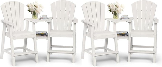 Ciokea Tall Adirondack Chairs Set of 4, HDPE Outdoor Adirondack Bar Stools with Double Connecting Tray, Weather Resistant High Back Adirondack Balcony Chairs for Deck, Lawn, Pool, Backyard, White