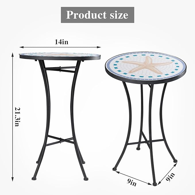 Vipush Mosaic Outdoor Side Table, 14" Round Folding Plant Stand for Patio Garden Backyard Balcony Porch Indoor Accent End Table for Living Room, Ceramic Tabletop with Black Iron, Starfish