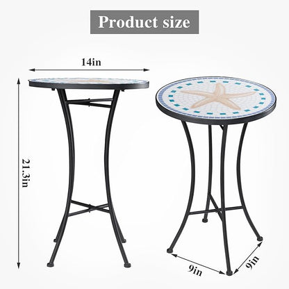 Vipush Mosaic Outdoor Side Table, 14" Round Folding Plant Stand for Patio Garden Backyard Balcony Porch Indoor Accent End Table for Living Room, Ceramic Tabletop with Black Iron, Starfish