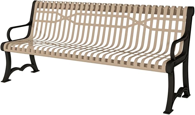 COATEDOUTDOORFURNITURE Coated Outdoor Furniture Heavy-Duty Outdoor Bench Thermoplastic Coated, Slatted Steel, Commercial-Grade Garden Bench, Made in America (Portable with Back, 4 Ft, Tan)