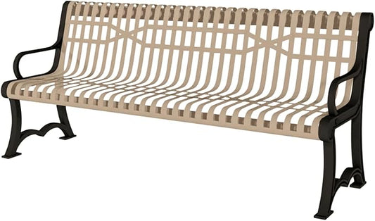 COATEDOUTDOORFURNITURE Coated Outdoor Furniture Heavy-Duty Outdoor Bench Thermoplastic Coated, Slatted Steel, Commercial-Grade Garden Bench, Made in America (Portable with Back, 4 Ft, Tan)