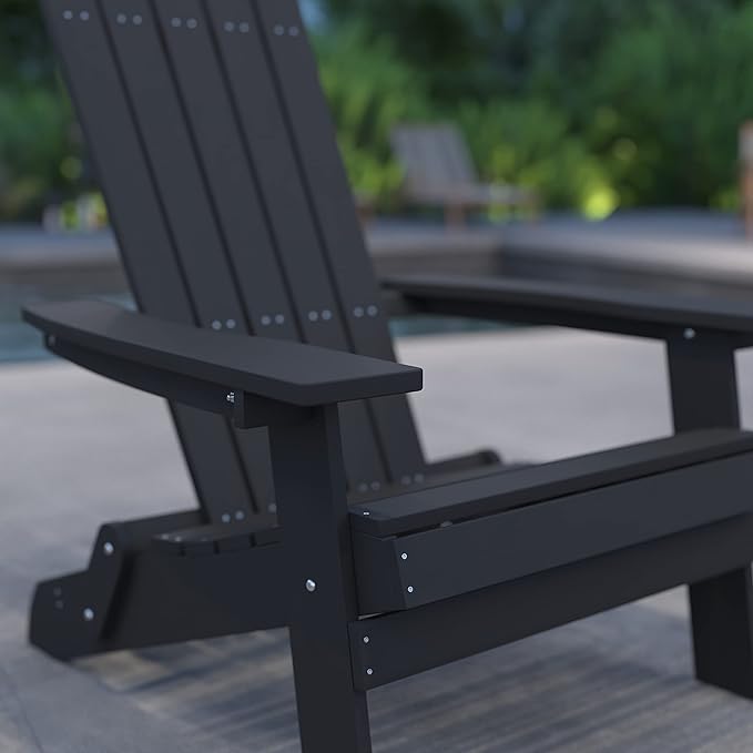 Merrick Lane Riviera Poly Resin Folding Adirondack Lounge Chair - Black - Indoor/Outdoor - Weather Resistant