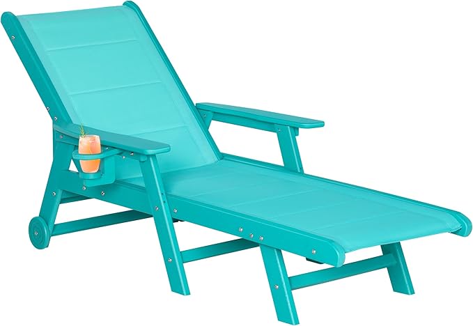 Outdoor Chaise Lounge Chair with Textilene Surface, 5-Position Adjustable Patio Lounge Chair with Wheels & Cup Holder, HDPE Pool Lounge Chair for Outside, Poolside & Beach (Aruba, 1)