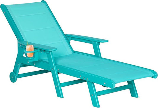 Outdoor Chaise Lounge Chair with Textilene Surface, 5-Position Adjustable Patio Lounge Chair with Wheels & Cup Holder, HDPE Pool Lounge Chair for Outside, Poolside & Beach (Aruba, 1)