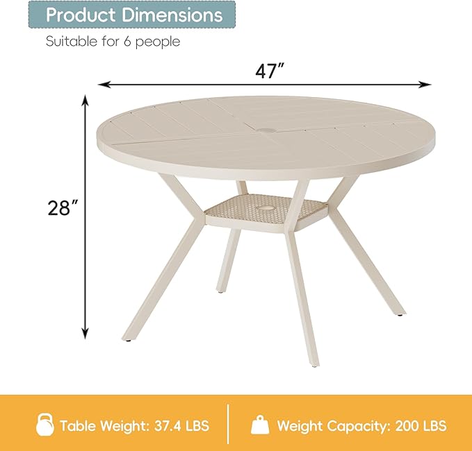 47" Outdoor Patio Table Dining Table, All Weather Metal Round Patio Table with Adjustable Umbrella Hole - Photo 3