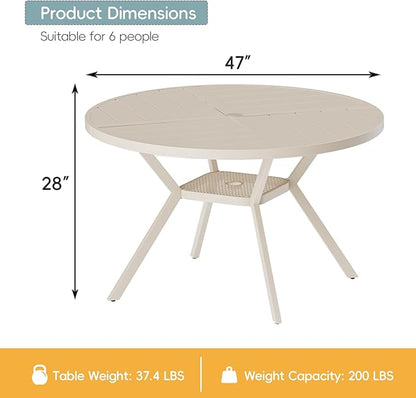 47" Outdoor Patio Table Dining Table, All Weather Metal Round Patio Table with Adjustable Umbrella Hole, Patio Furniture for Lawn Garden Backyard, Sandshell