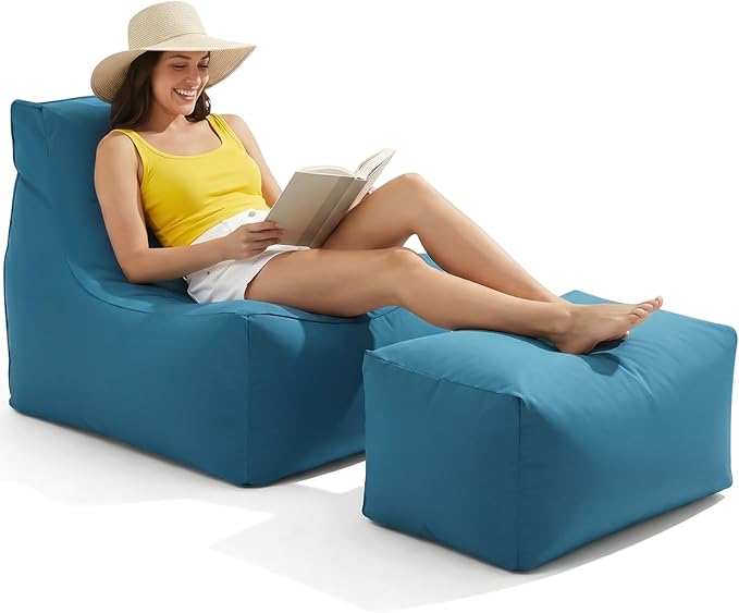 Outdoor Bean Bag Chair with Ottoman, Large Patio Lounge Chair for Adults, Thick Filled Lounger for Pool, Deck - Photo 1