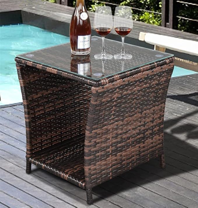 Patio Outdoor Wicker End Table, Rattan Side Square Glass Top Coffee Table with Storage - Photo 2