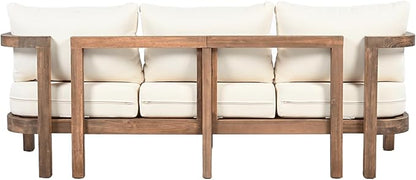 Christopher Knight Home Havets 74.75"W Outdoor 3 Seater Sofa, 6" Thick Cushion Couch, Acacia Wood Bench Sofa, Slats Panel Open Back, Spacious Seating Bench Couch for Backyard Garden Porch, Brown+Beige
