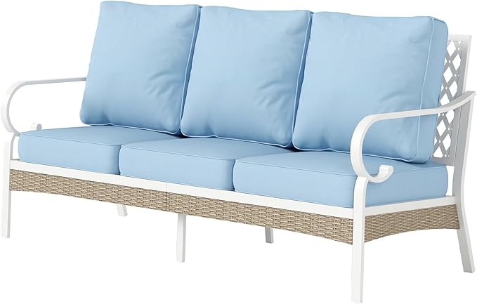 Metal Patio Sofa with 5.75" Extra Thick Cushion, 3-Seater Deep Seating & High-Back White Frame Outdoor Couch All Weather Outdoor Seating Furniture for Deck Gazebo Porch, Blue