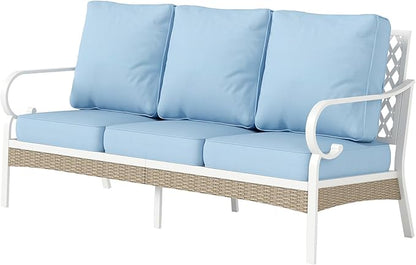 Metal Patio Sofa with 5.75" Extra Thick Cushion, 3-Seater Deep Seating & High-Back White Frame Outdoor Couch All Weather Outdoor Seating Furniture for Deck Gazebo Porch, Blue
