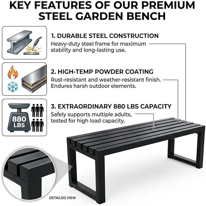 3.3 3.9 4.9 5.9ft Outside Garden Bench, 2 Person Outdoor Metal Patio Backless Bench, Weatherproof Porch Furniture Bench Heavy Duty 880lbs Benches for Park Yard Lawn Front Entrance(Red,5.9ft)