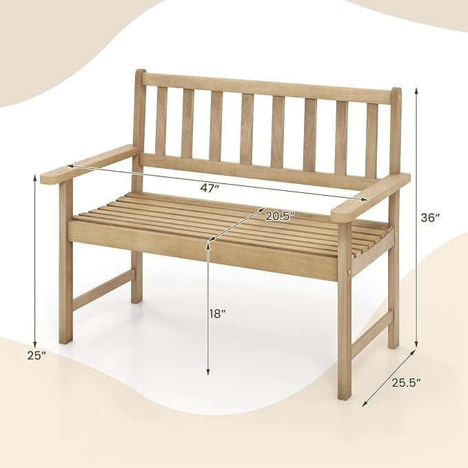 Tangkula Outdoor Teak Wood Garden Bench, 2-Person Patio Bench with Backrest and Armrests, Patio Garden Bench with Slatted Seat for Porch, Lawn, Balcony and Backyard