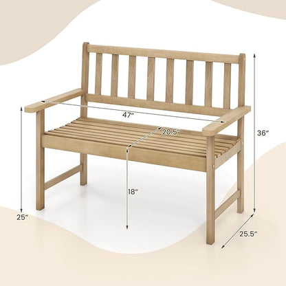 Tangkula Outdoor Teak Wood Garden Bench, 2-Person Patio Bench with Backrest and Armrests, Patio Garden Bench with Slatted Seat for Porch, Lawn, Balcony and Backyard