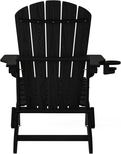 Plawdlik Folding Adirondack Chair Set of 6, Cup Holder，Wooden Textured ，Heavy All-Weather HDPE Comfortable Set Poolside Backyard Lawn, Black