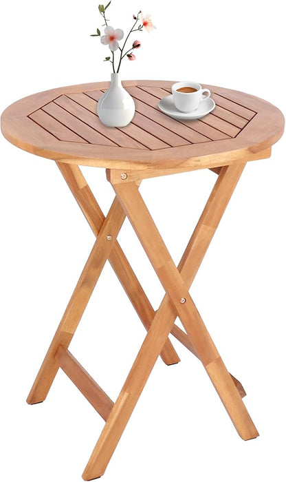 Acacia Wood Round Table, Foldable Waterproof Large, Collapsible Rustic Outdoor Wooden Coffee Tables for Patio Lawn Deck Balcony Bathroom-Natural
