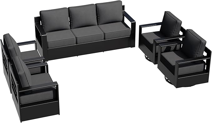 Outdoor Aluminum Furniture Set, 5-Piece Patio Conversation Set, 2 Swivel Chairs, 2 Chairs and 1 Sofa, All-Weather Metal Frame, 6" Thick Removable Cushions, Deep Setting for Garden and Porch