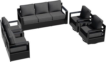 Outdoor Aluminum Furniture Set, 5-Piece Patio Conversation Set, 2 Swivel Chairs, 2 Chairs and 1 Sofa, All-Weather Metal Frame, 6" Thick Removable Cushions, Deep Setting for Garden and Porch