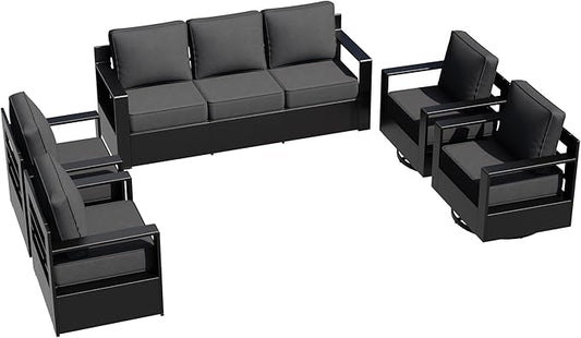 Outdoor Aluminum Furniture Set, 5-Piece Patio Conversation Set, 2 Swivel Chairs, 2 Chairs and 1 Sofa, All-Weather Metal Frame, 6" Thick Removable Cushions, Deep Setting for Garden and Porch