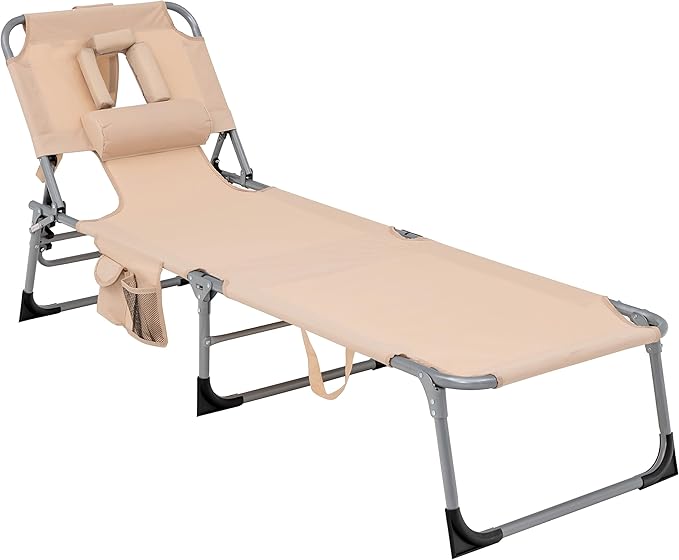 GYMAX Tanning Chair, Folding Beach Lounger with Face Arm Hole, Adjustable Backrest, Side Pocket, Pillow & Carry Handle, Outside Sunbathing Lounge Chair for Patio, Poolside, Lawn (1, Sand)