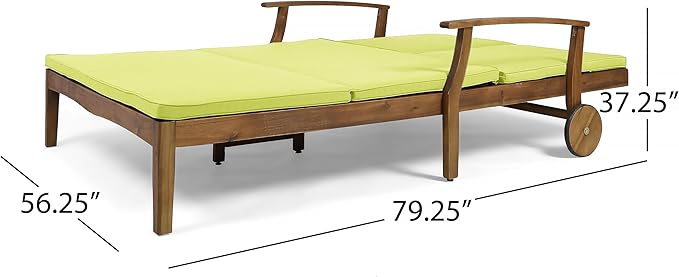 Christopher Knight Home Double Chaise Lounge Outdoor Patio Daybed with Adjustable Backrests, Acacia Wood Frame in Teak Finish, Water Resistant Green Cushions for Poolside Porch Deck