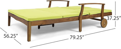 Christopher Knight Home Double Chaise Lounge Outdoor Patio Daybed with Adjustable Backrests, Acacia Wood Frame in Teak Finish, Water Resistant Green Cushions for Poolside Porch Deck