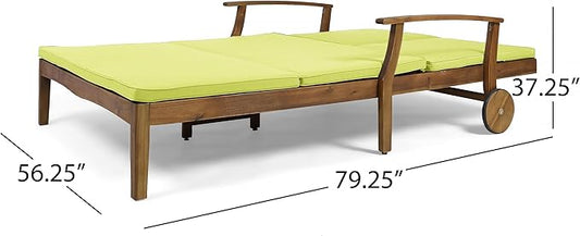 Christopher Knight Home Double Chaise Lounge Outdoor Patio Daybed with Adjustable Backrests, Acacia Wood Frame in Teak Finish, Water Resistant Green Cushions for Poolside Porch Deck