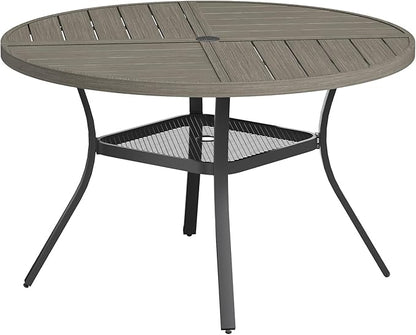 VICLLAX Round Patio Table with Adjustable Umbrella Hole for 6, All Weather Metal Outdoor Dining Table for Lawn Garden, 47.2" Outdoor Coffee Table, Grey Wood-Like Tabletop