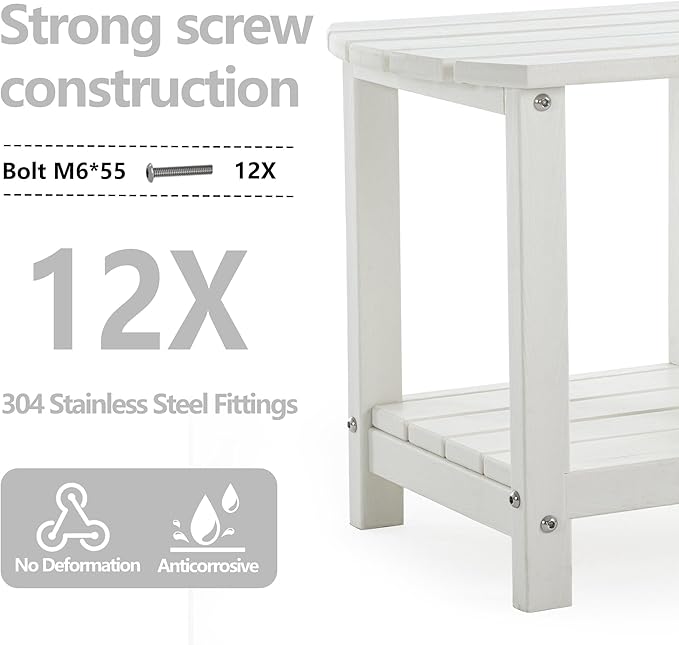 Adirondack Small Outdoor Side Table - Weatherproof HDPE Patio End Table with 2-Tier Storage for Firepit, Balcony, Garden, Poolside or Bathroom (White, Set of 4)