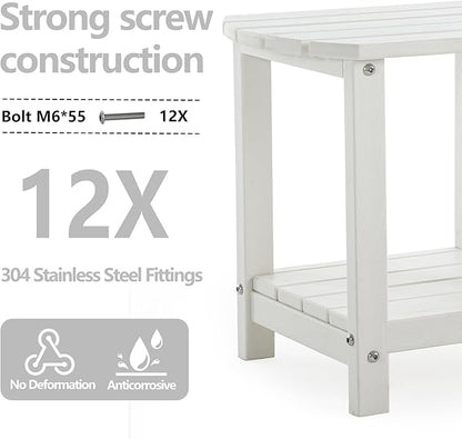 Adirondack Small Outdoor Side Table - Weatherproof HDPE Patio End Table with 2-Tier Storage for Firepit, Balcony, Garden, Poolside or Bathroom (White, Set of 4)