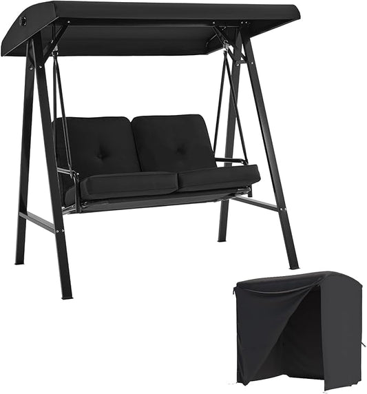 AECOJOY 2-Seat Outdoor Patio Swing Chair with Cover, Porch Swings Chairs for Adult, Outside Swing Bench with Adjustable Canopy&Removable Cushion, Black