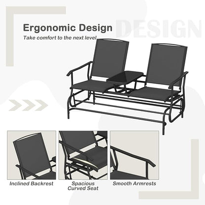 Tangkula 2 Person Swing Glider Chair, Patio Rocking Loveseat w/Center Tempered Glass Table, Outdoor Swing Bench w/Steel Frame & Breathable Mesh Fabric for Porch, Balcony, Poolside (Black)