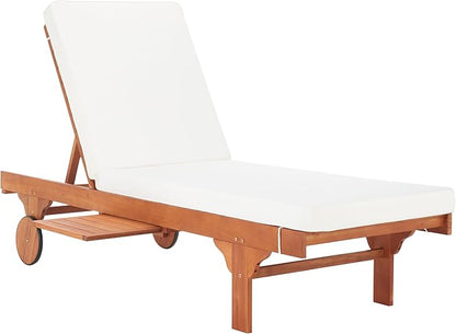 SAFAVIEH Outdoor Collection Newport Natural/ Beige Cushion Built-in Side Table Adjustable Chaise Lounge Chair