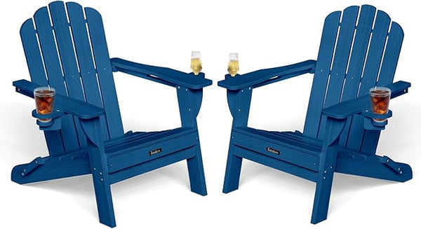 Adirondack Chairs Set of 2, Wood Texture Fire Pit Chairs, Plastic Adirondack Chairs with 2 Cup Holder - Photo 1
