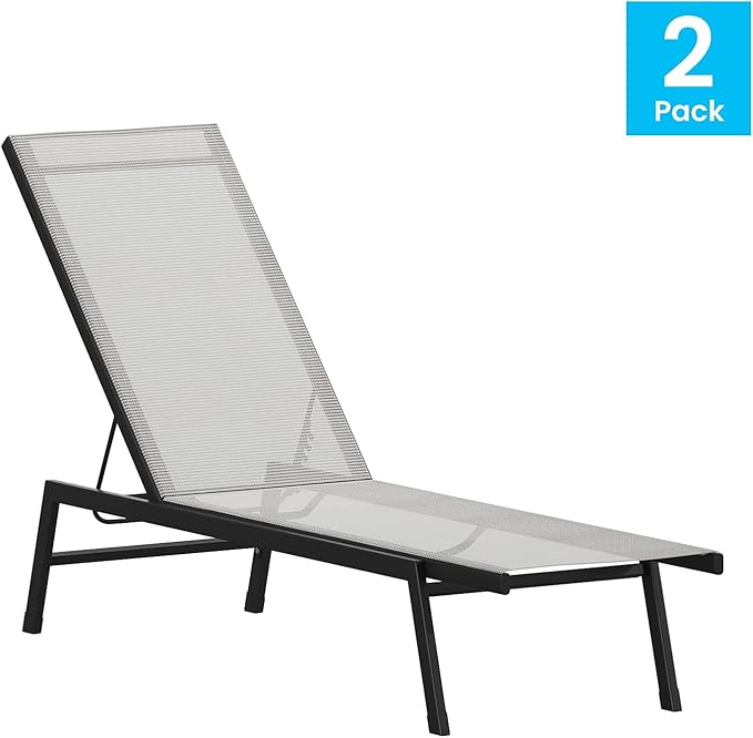 Flash Furniture Brazos Set of 2 Adjustable Chaise Lounge Chairs, Outdoor Five-Position Recliners, All Weather, Black/Gray