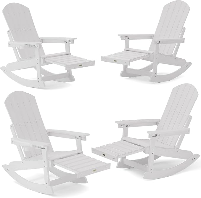 YEFU Rocking Chairs Outdoor Set of 4, Adirondack Chairs with Retractable Ottoman, Adjustable Adirondack Rocking Chair,Rockings Chair Outside,Weather Resistant,for Patio,Porch,Lawn,Heavy Duty,White