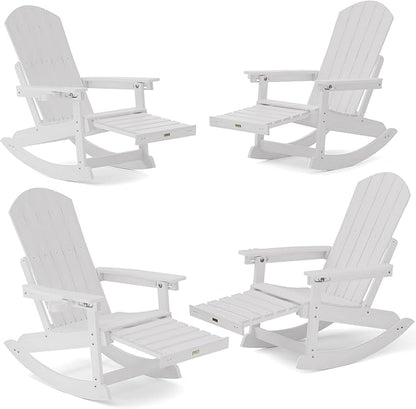YEFU Rocking Chairs Outdoor Set of 4, Adirondack Chairs with Retractable Ottoman, Adjustable Adirondack Rocking Chair,Rockings Chair Outside,Weather Resistant,for Patio,Porch,Lawn,Heavy Duty,White