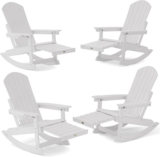 YEFU Rocking Chairs Outdoor Set of 4, Adirondack Chairs with Retractable Ottoman, Adjustable Adirondack Rocking Chair,Rockings Chair Outside,Weather Resistant,for Patio,Porch,Lawn,Heavy Duty,White