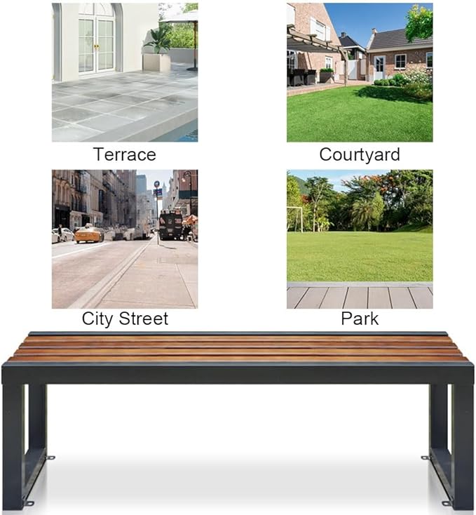 Outdoor Garden Bench,Backless Double Seat,Patio Benches,Metal Wood Furniture Seating,Slatted Seat for Front Porch,Park,Lawn,Backyard(71 Inch)