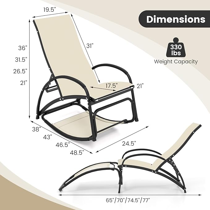 Tangkula Rocking Chair Outdoor, 2-in-1 Convertible Lounge Chair with 4-Level Adjustable Backrest, Heavy-Duty Aluminum Frame, Patio Sun Lounger Rocker for Porch, Poolside, Backyard, Garden (1, Beige)