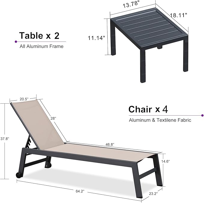 PURPLE LEAF 6-Piece Patio Chaise Lounge Outdoor Pool Lounge Chairs with Adjustable Backrest and Side Tables Aluminum - Photo 3