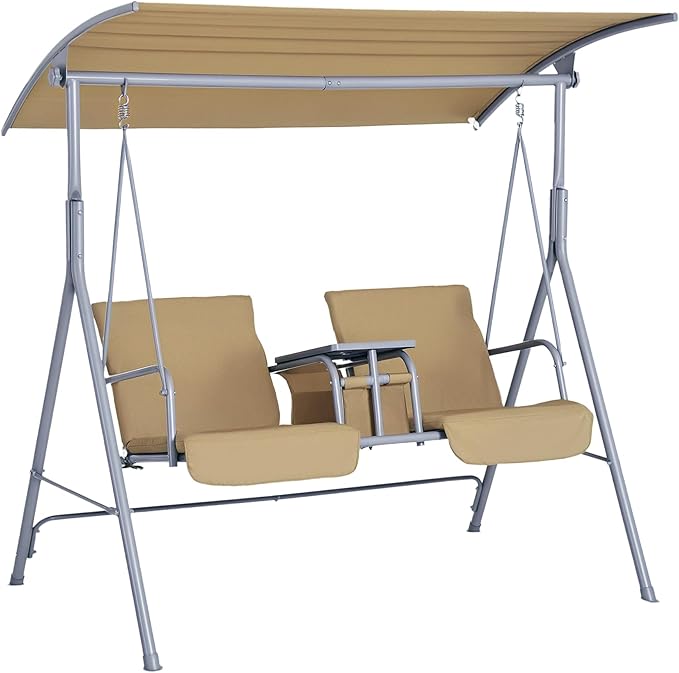 Outsunny 2 Person Porch Swing with Stand, Outdoor Swing with Canopy, Pivot Storage Table, 2 Cup Holders - Photo 1