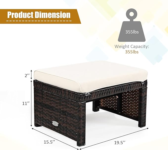 Tangkula 2 Pieces Patio Rattan Ottomans, All Weather Outdoor Footstool Footrest Seat with Soft Cushion, Hidden Zipper - Photo 5