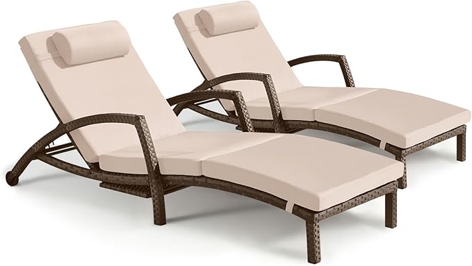 Chaise Lounge Chairs Outdoor Set of 2, Comfy Outside Wicker Patio Pool Lounge Chair w/ 5 Adjustable Back Angle - Photo 1